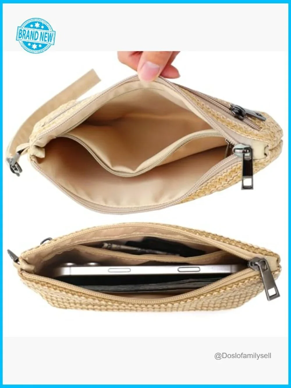 Woven Straw Wristlet Clutch 3-Zip Original Design Wristlet Wallet Handbag